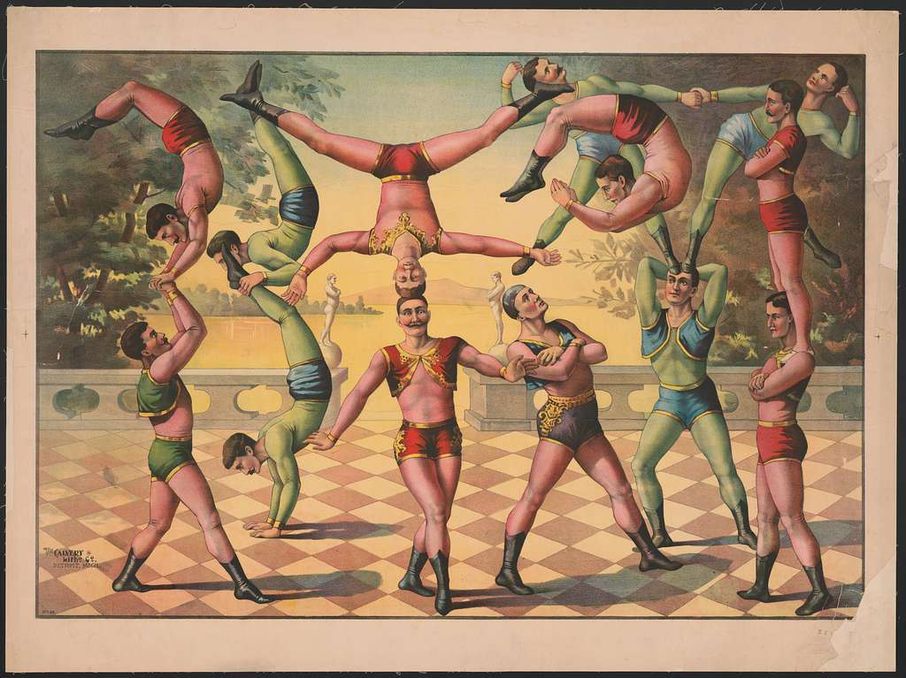 thirteen men doing acrobatics